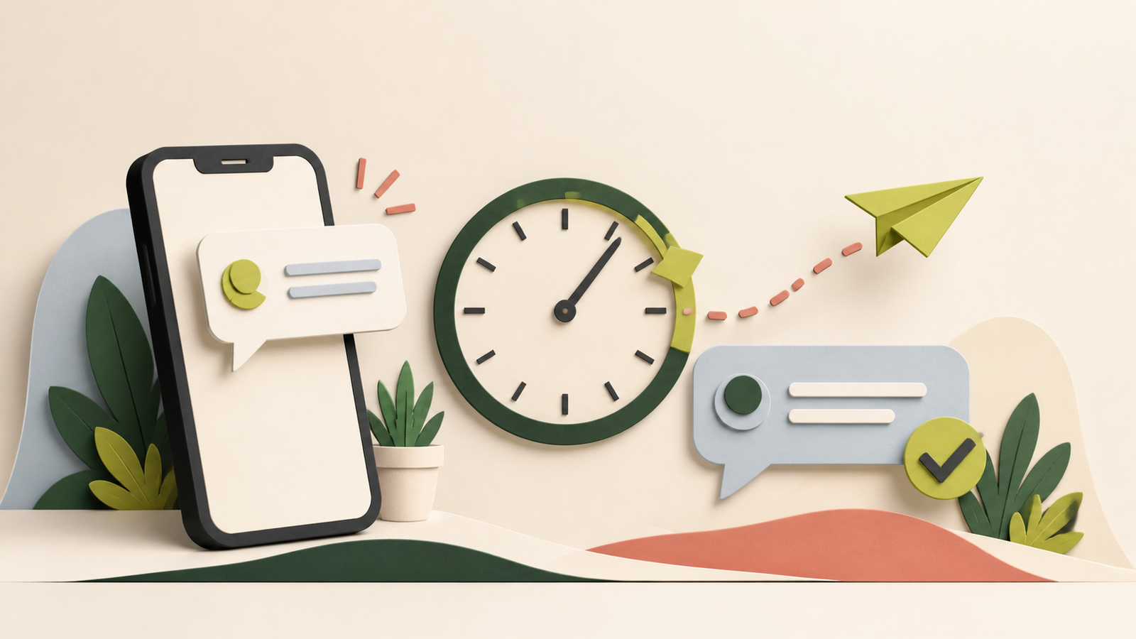 Phone enquiry, clock and prompt reply represented as a paper-crafted editorial scene