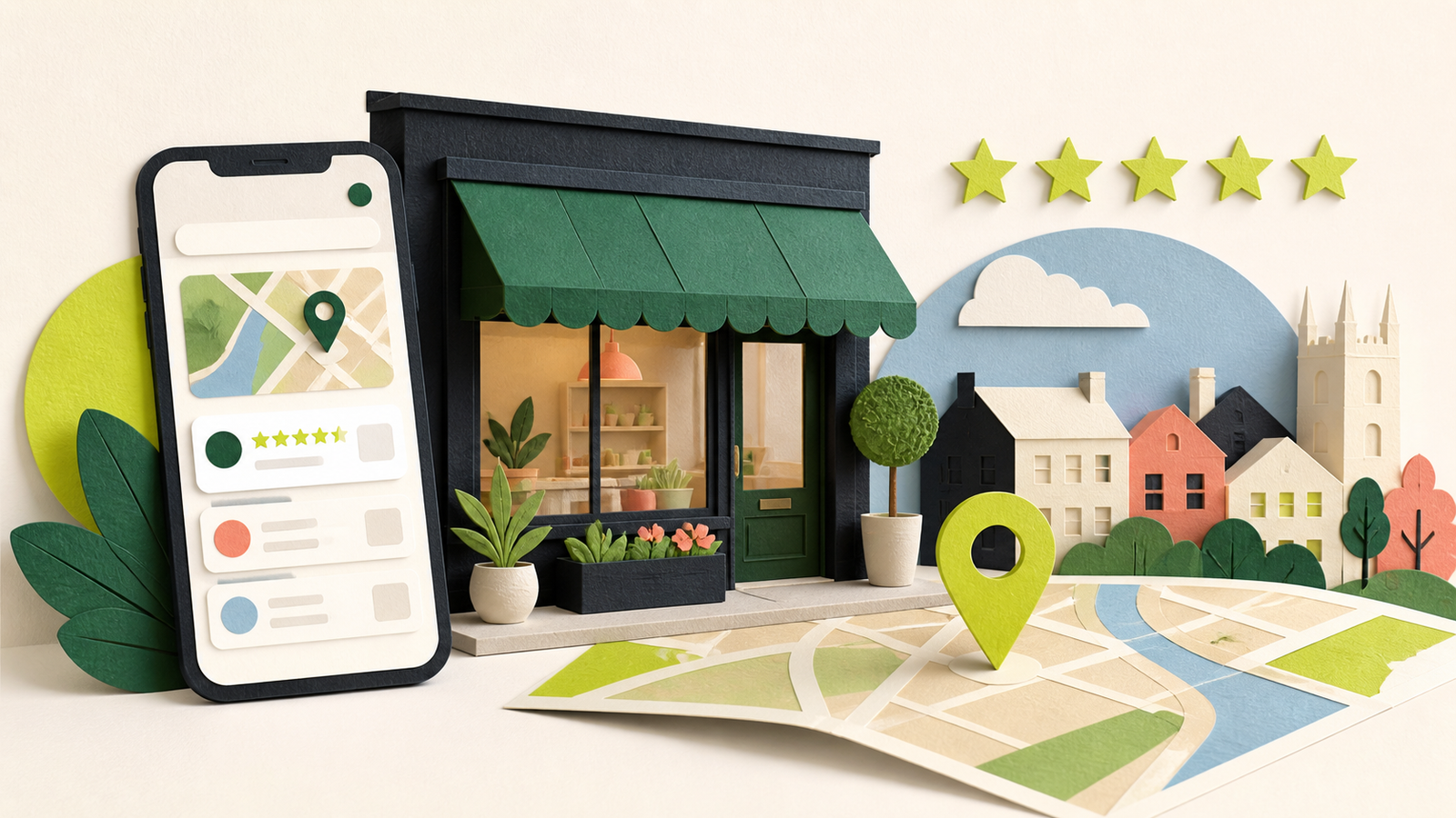 Local business, map pin, mobile search and reviews represented as a paper-crafted editorial scene