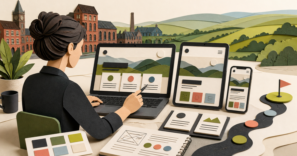 Rotherham business owner planning a responsive website across laptop, tablet and phone