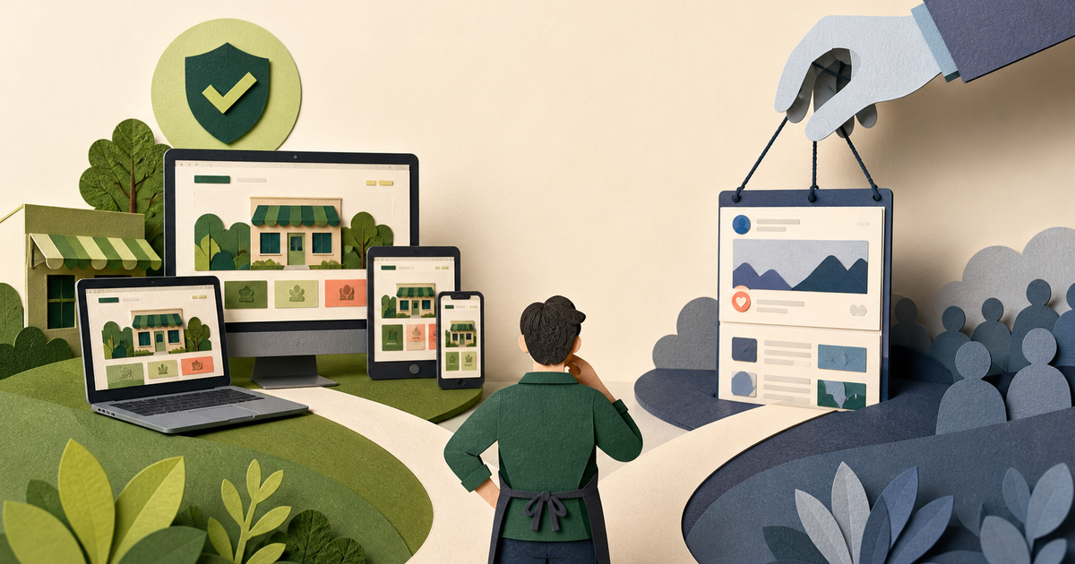 Local business choosing between an owned website and a rented social media presence
