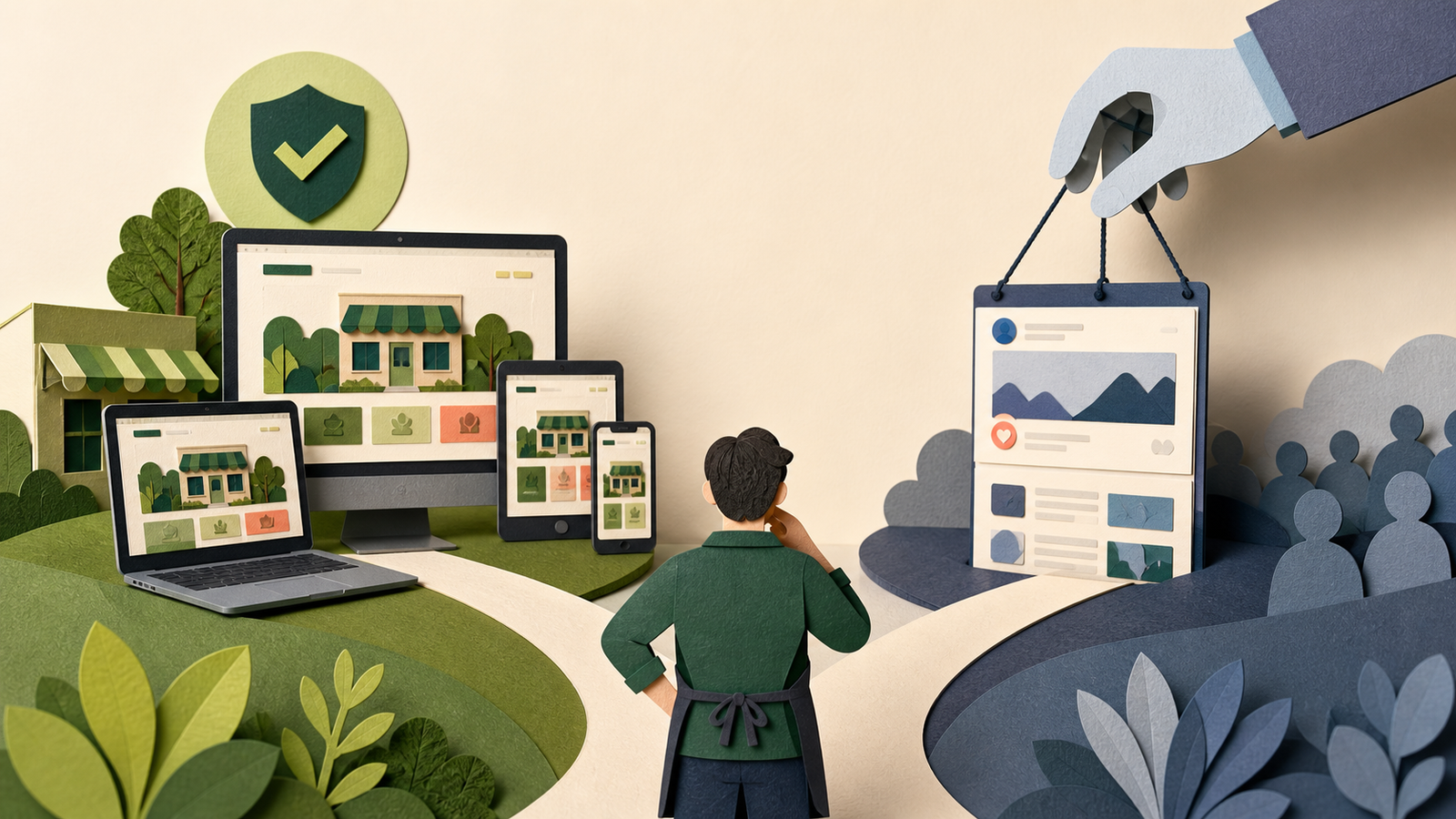 Local business choosing between an owned website and a rented social media presence