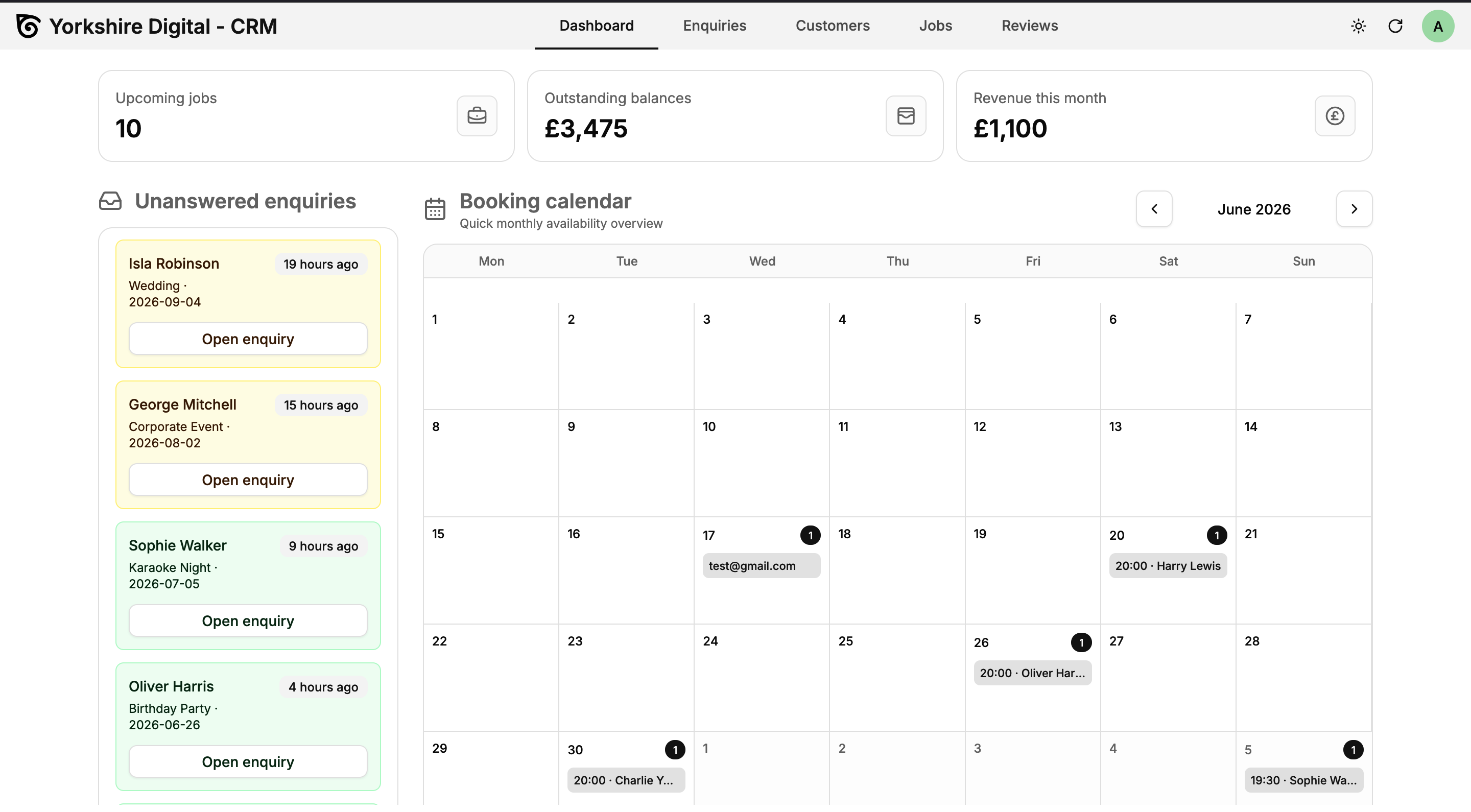Yorkshire Digital CRM dashboard showing upcoming jobs, unanswered enquiries, revenue and booking calendar