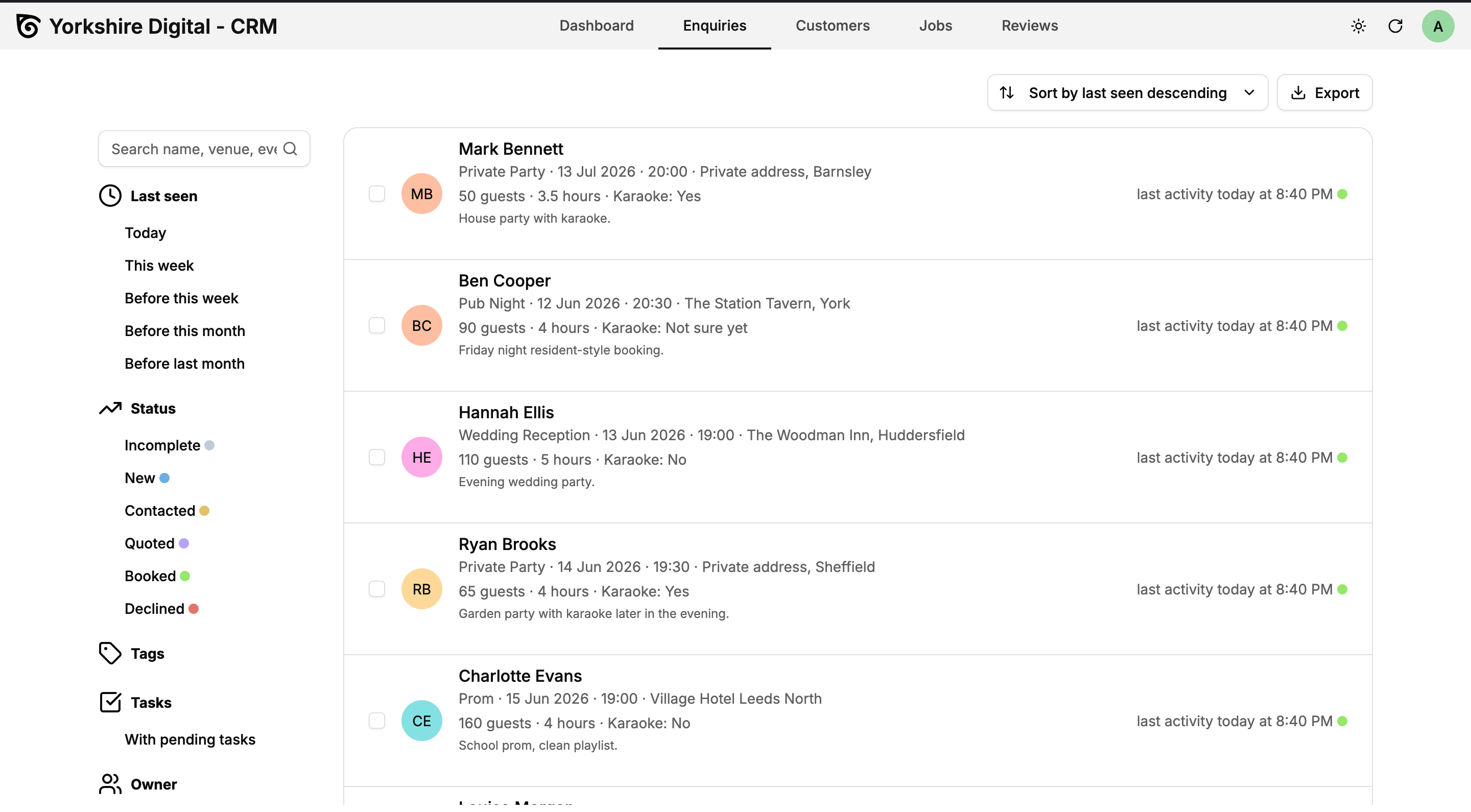 Yorkshire Digital CRM enquiries screen showing customer enquiries, status filters and recent activity