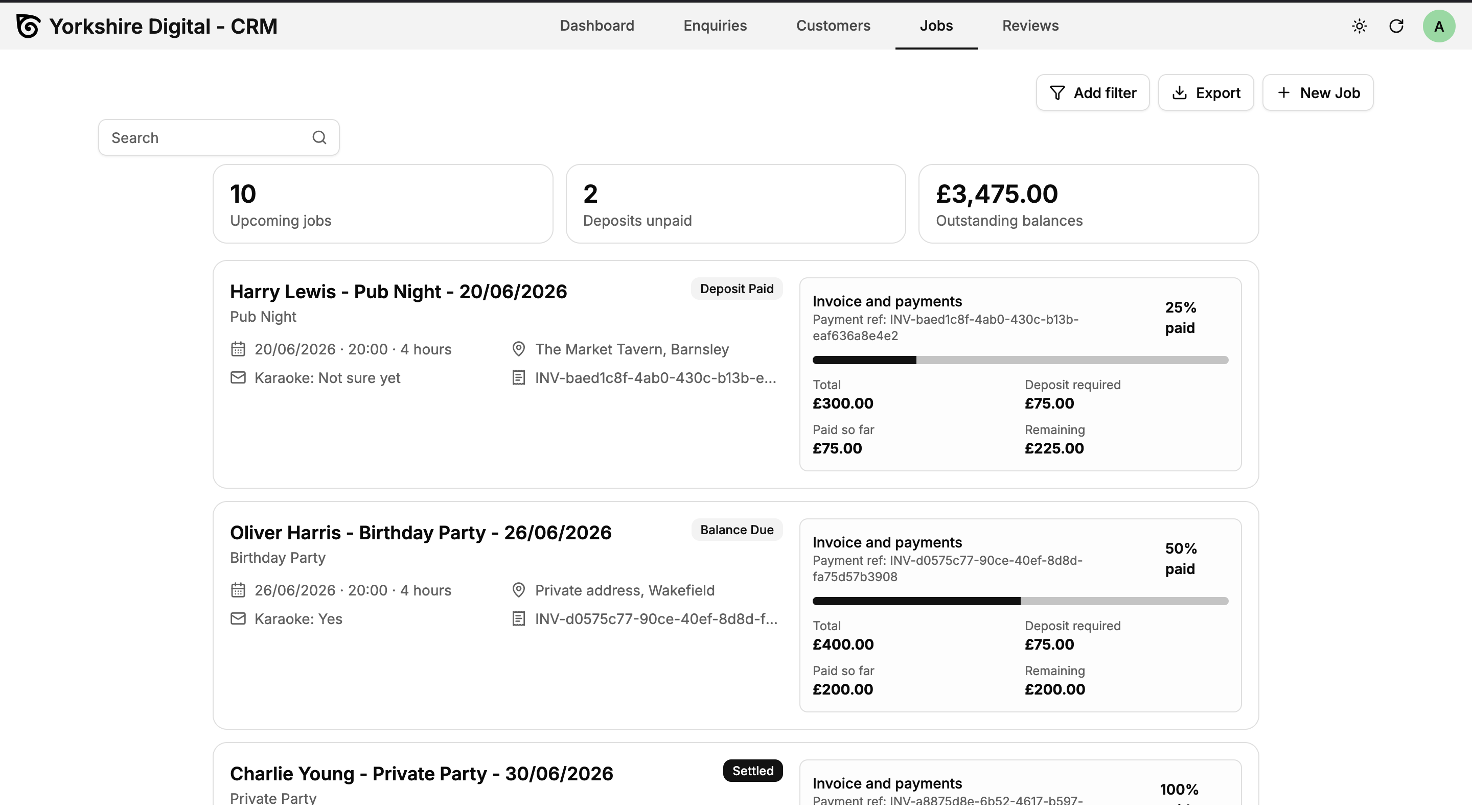 Yorkshire Digital CRM jobs screen showing bookings, deposits, balances and invoice payment progress