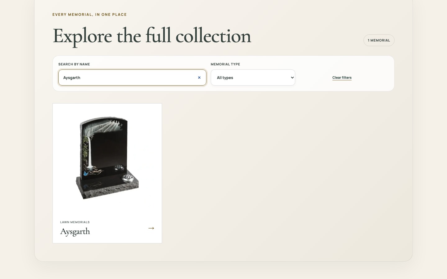 The new catalogue filtered to one Aysgarth memorial