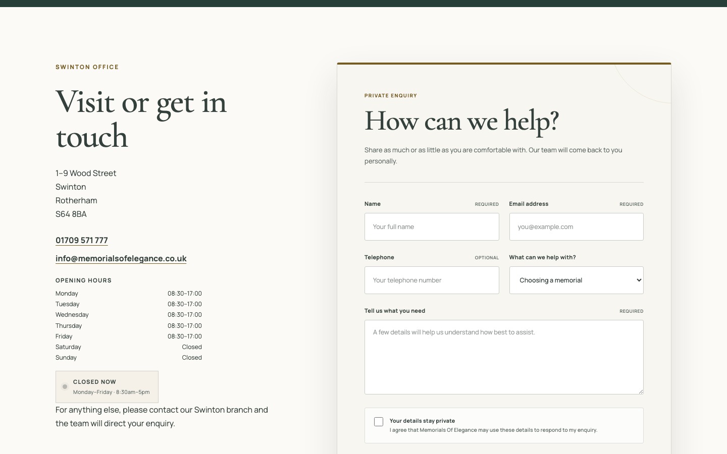 The redesigned Memorials of Elegance contact form