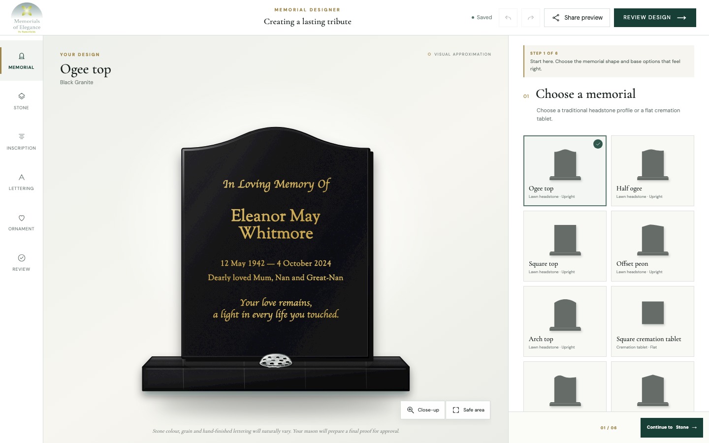 Online memorial designer built for Memorials of Elegance by Yorkshire Digital