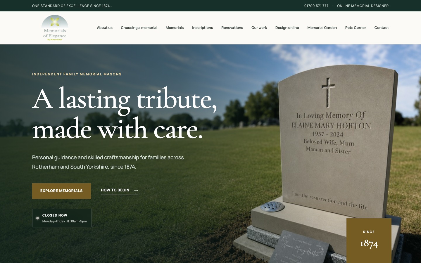 The redesigned Memorials of Elegance homepage
