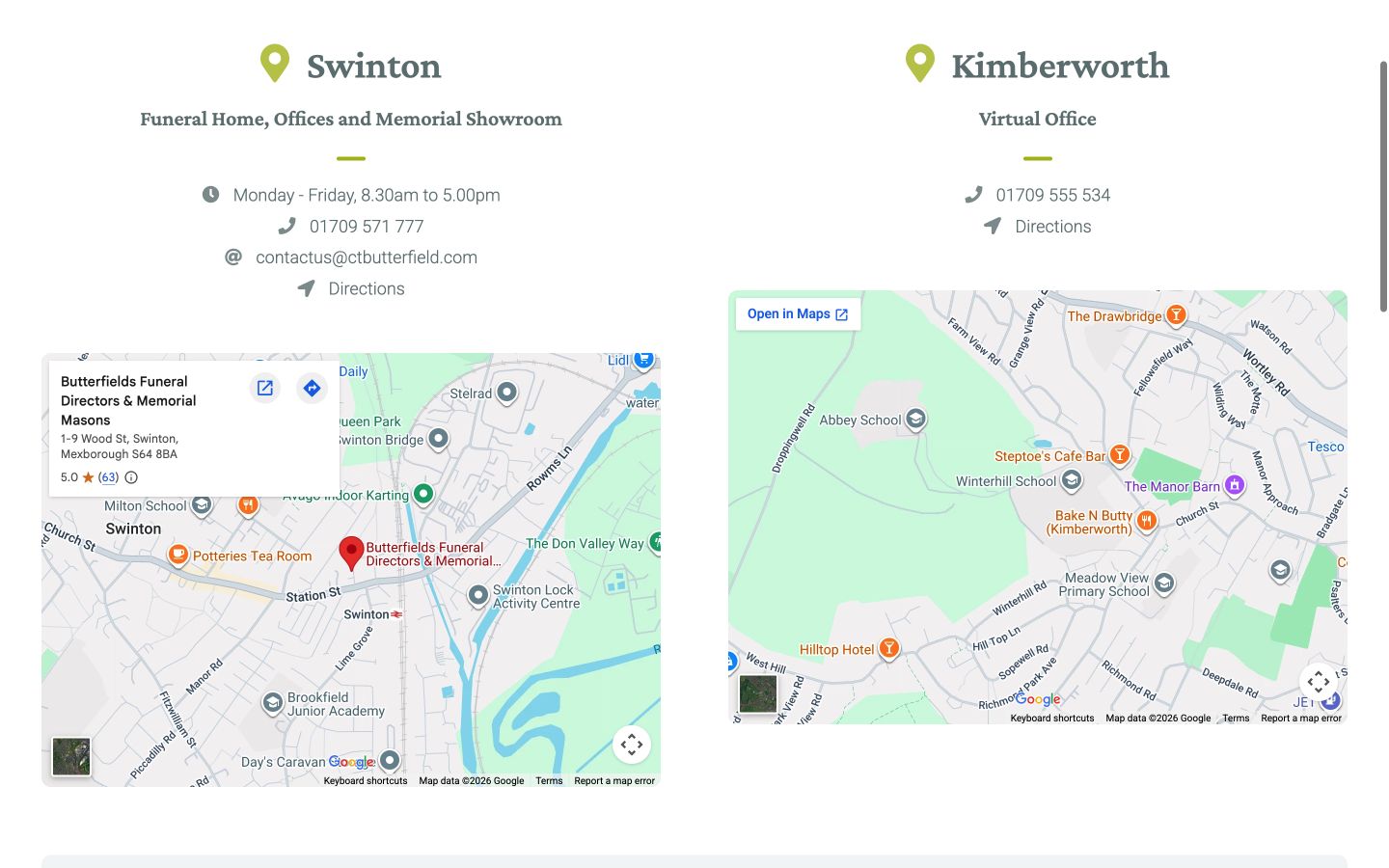 The old contact page with two map panels