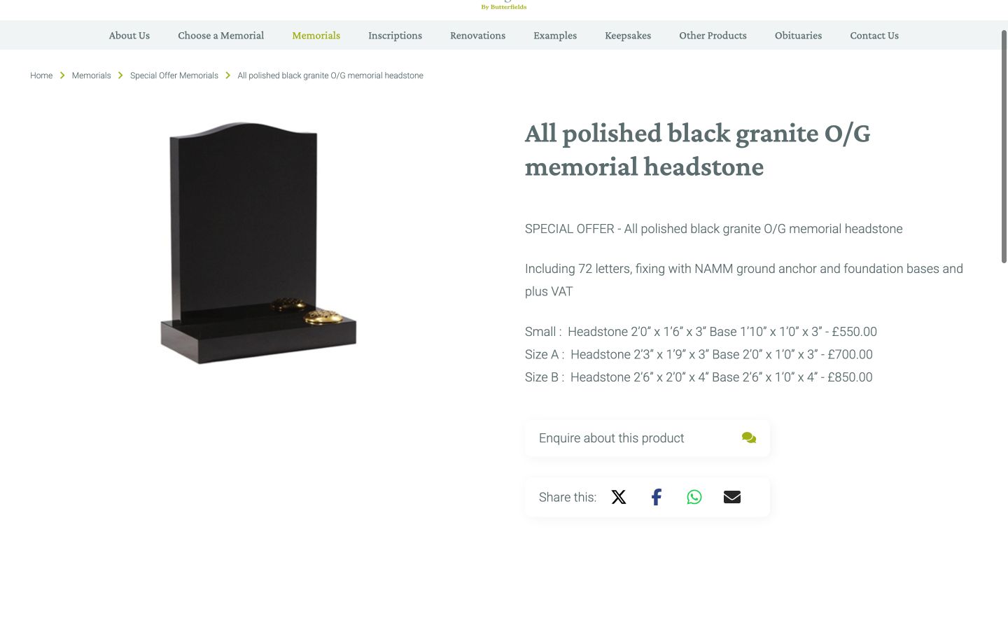 The old memorial product page