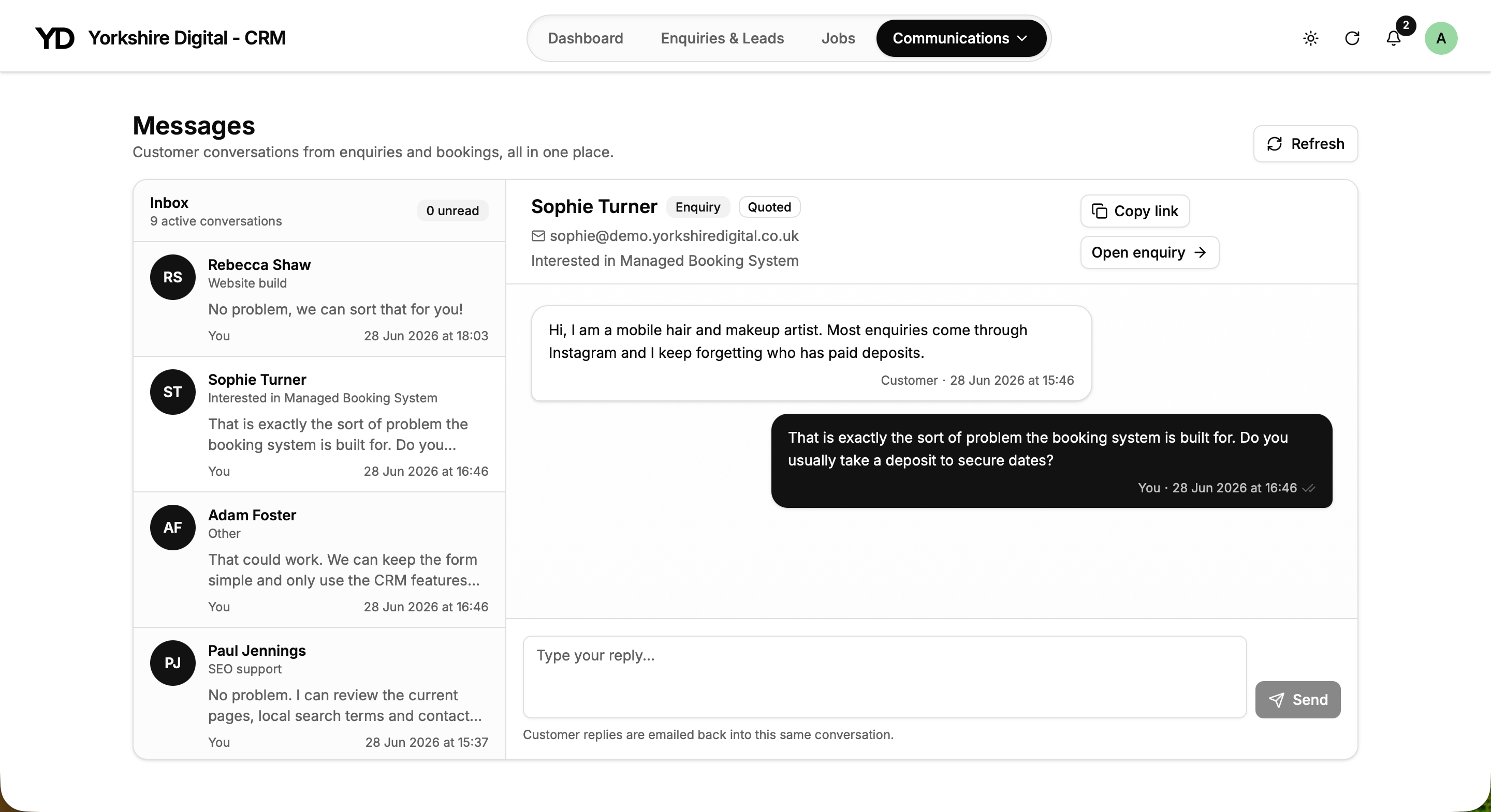 Yorkshire Digital CRM conversations screen with customer messages