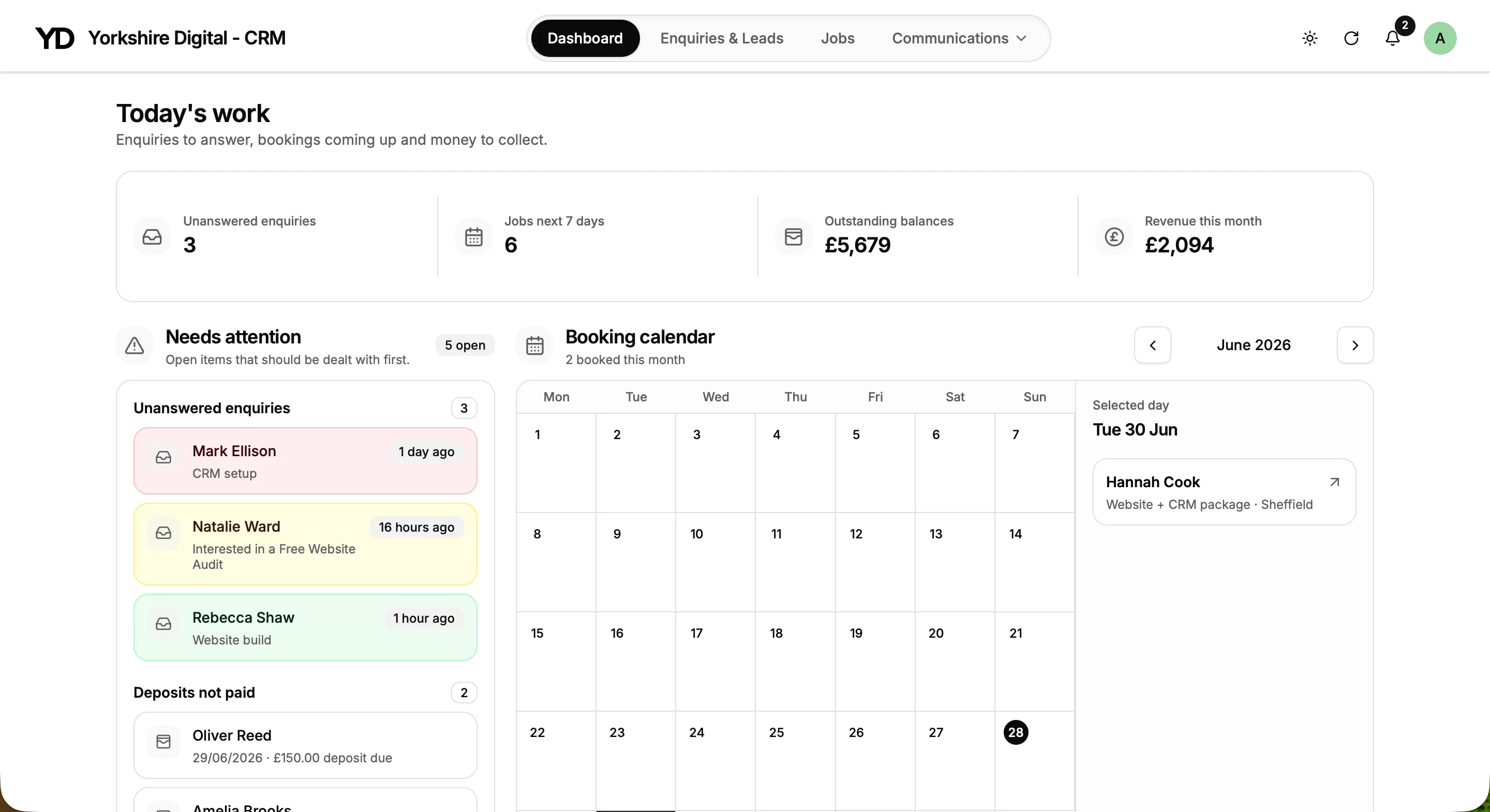 Yorkshire Digital CRM demonstration dashboard showing enquiries, jobs and calendar