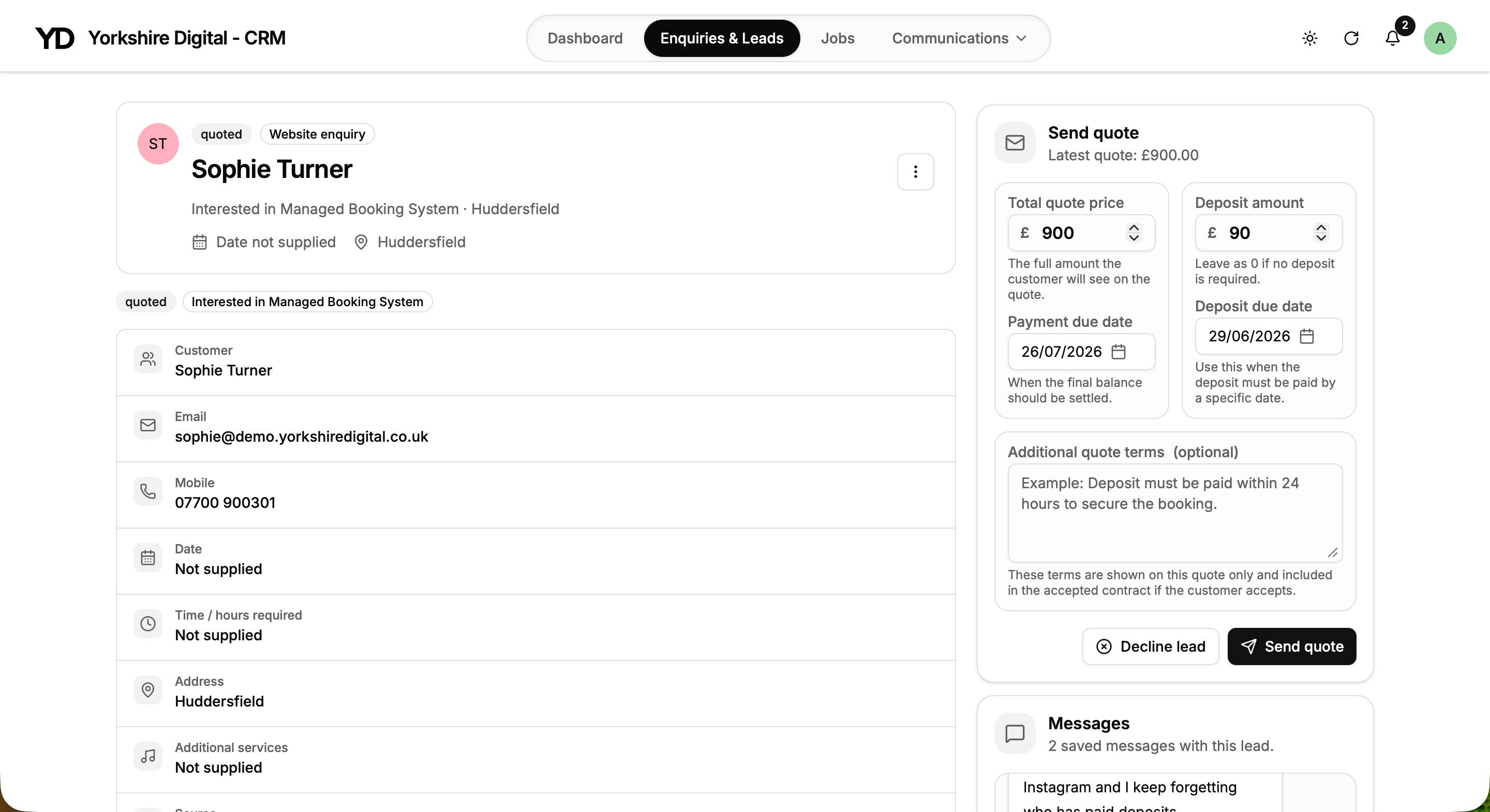 Yorkshire Digital CRM enquiry card with quote controls