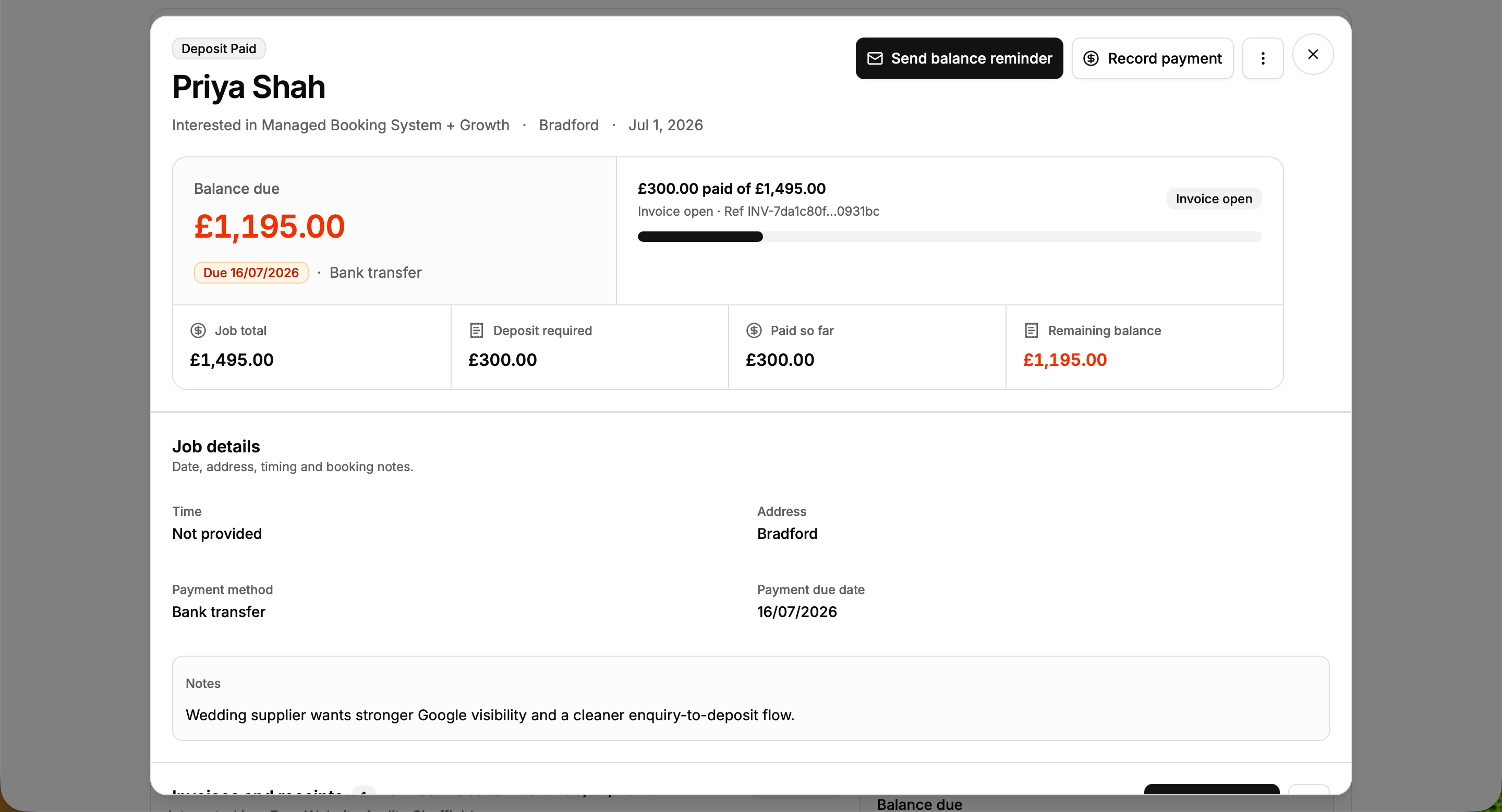 Yorkshire Digital CRM job card showing deposit paid and remaining balance