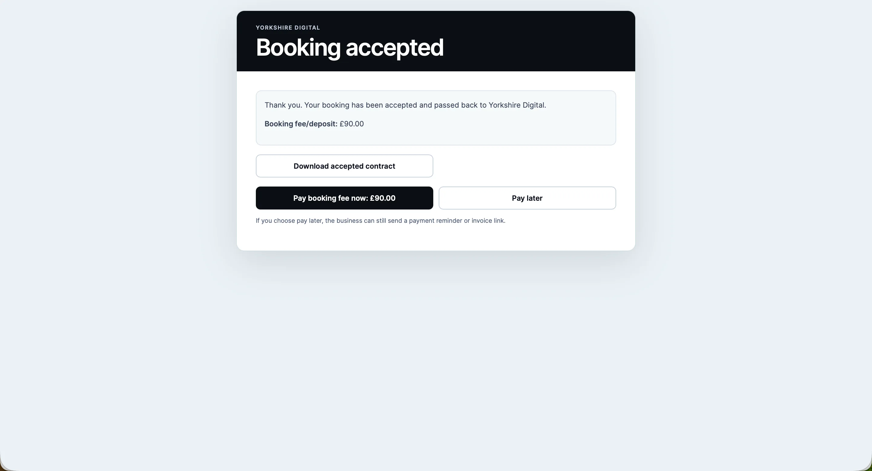 Customer booking accepted page with contract download and deposit payment options