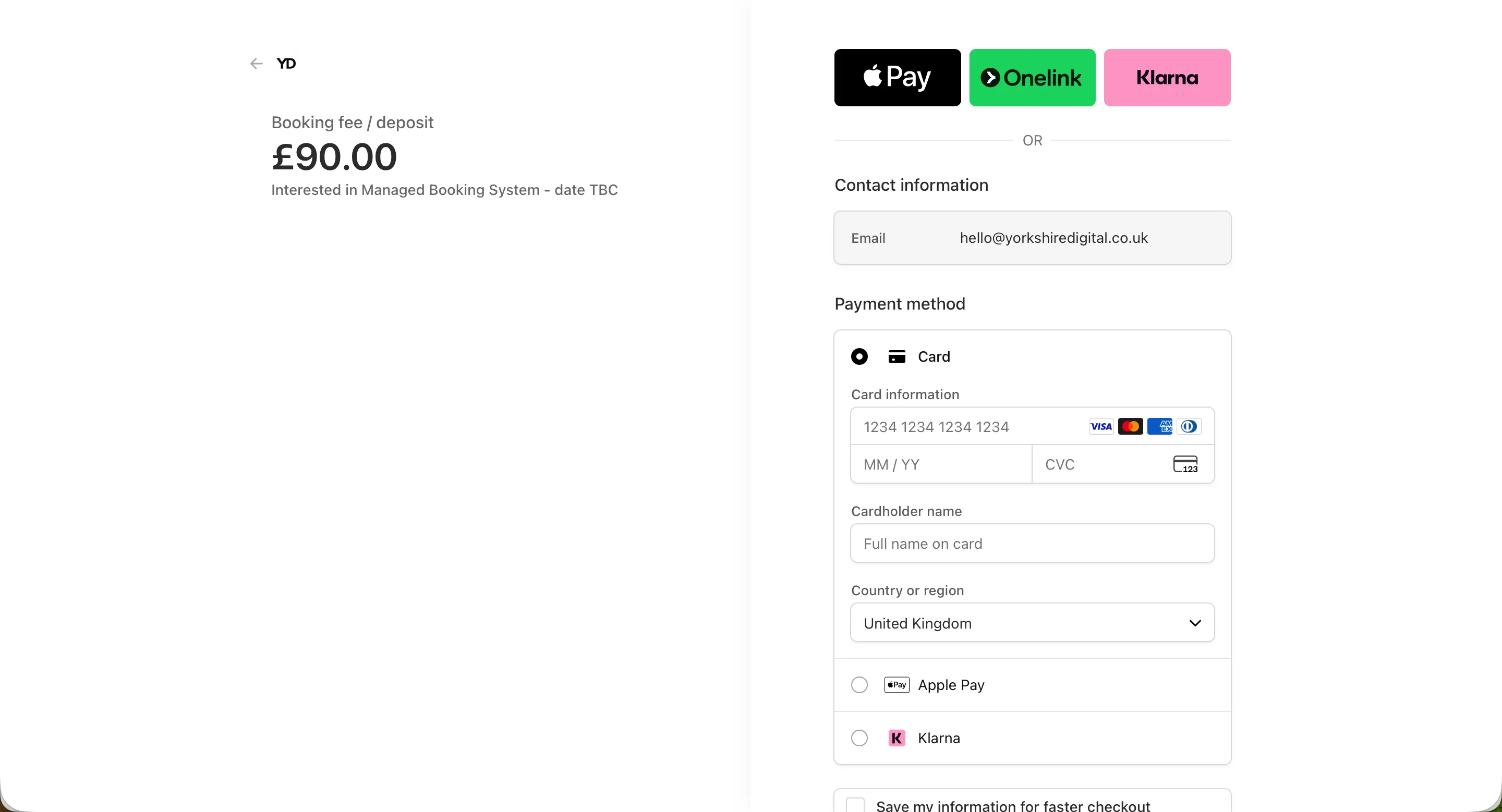 Secure customer checkout page for paying a booking deposit