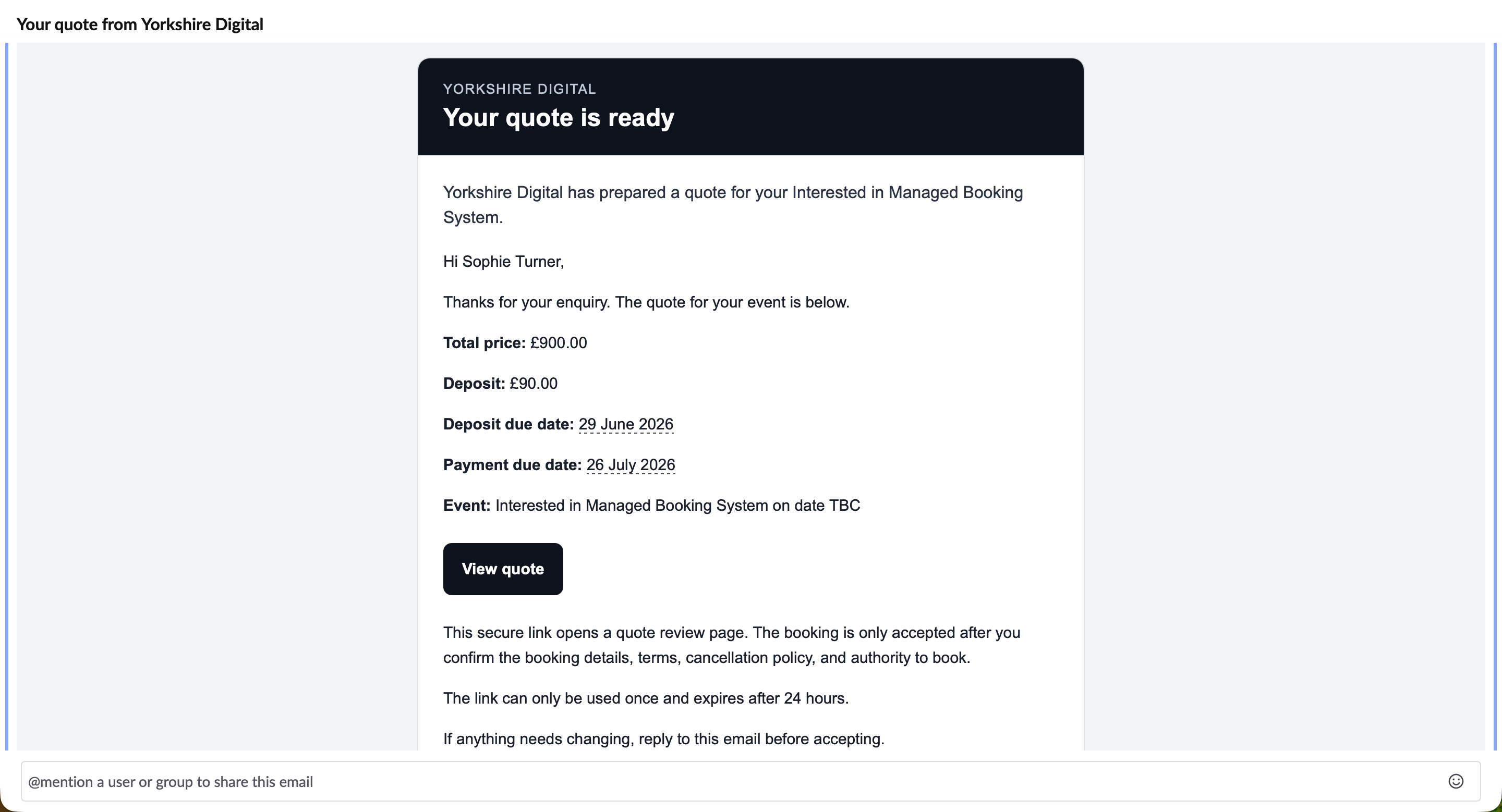 Customer quote email generated by Yorkshire Digital CRM