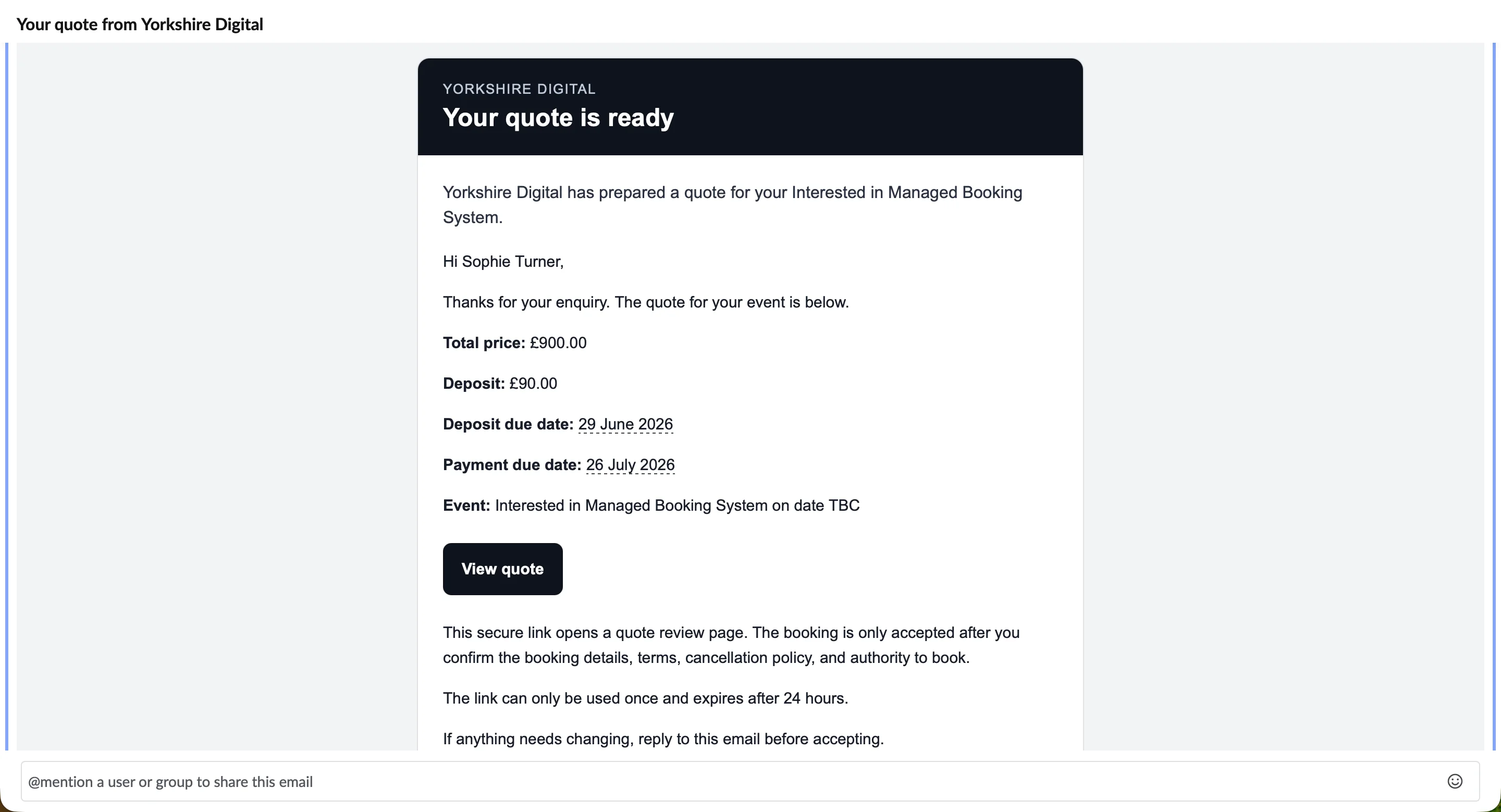 Branded customer quote email with booking summary and review button