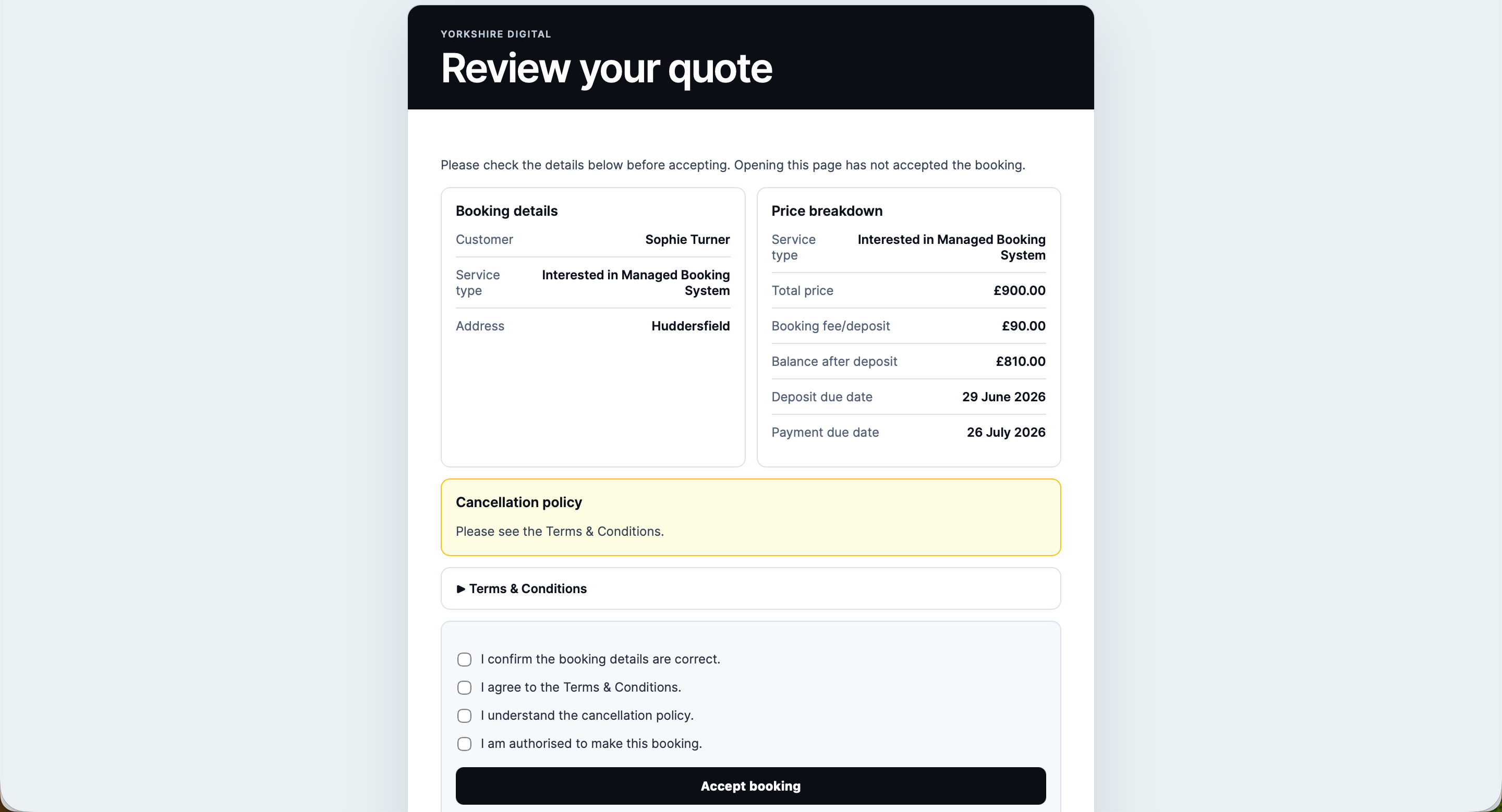 Customer quote review page with terms and booking acceptance checks