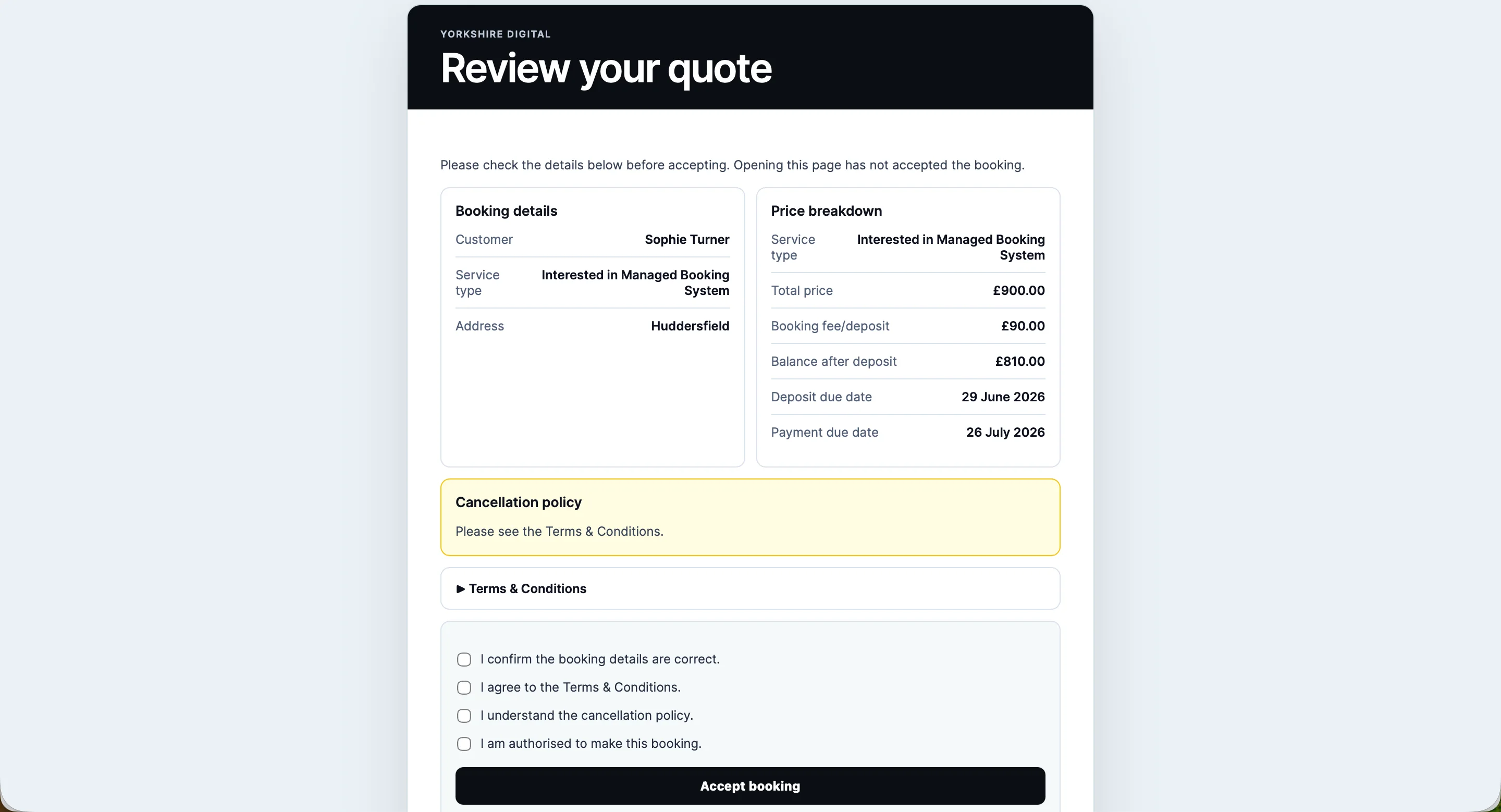Customer quote review page with booking details, price breakdown, terms and acceptance checks