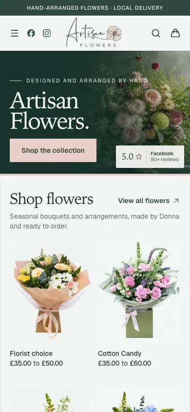 Artisan Flowers’ online shop on mobile