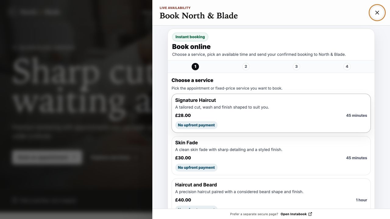 Instabook booking panel showing services, prices, durations and live availability