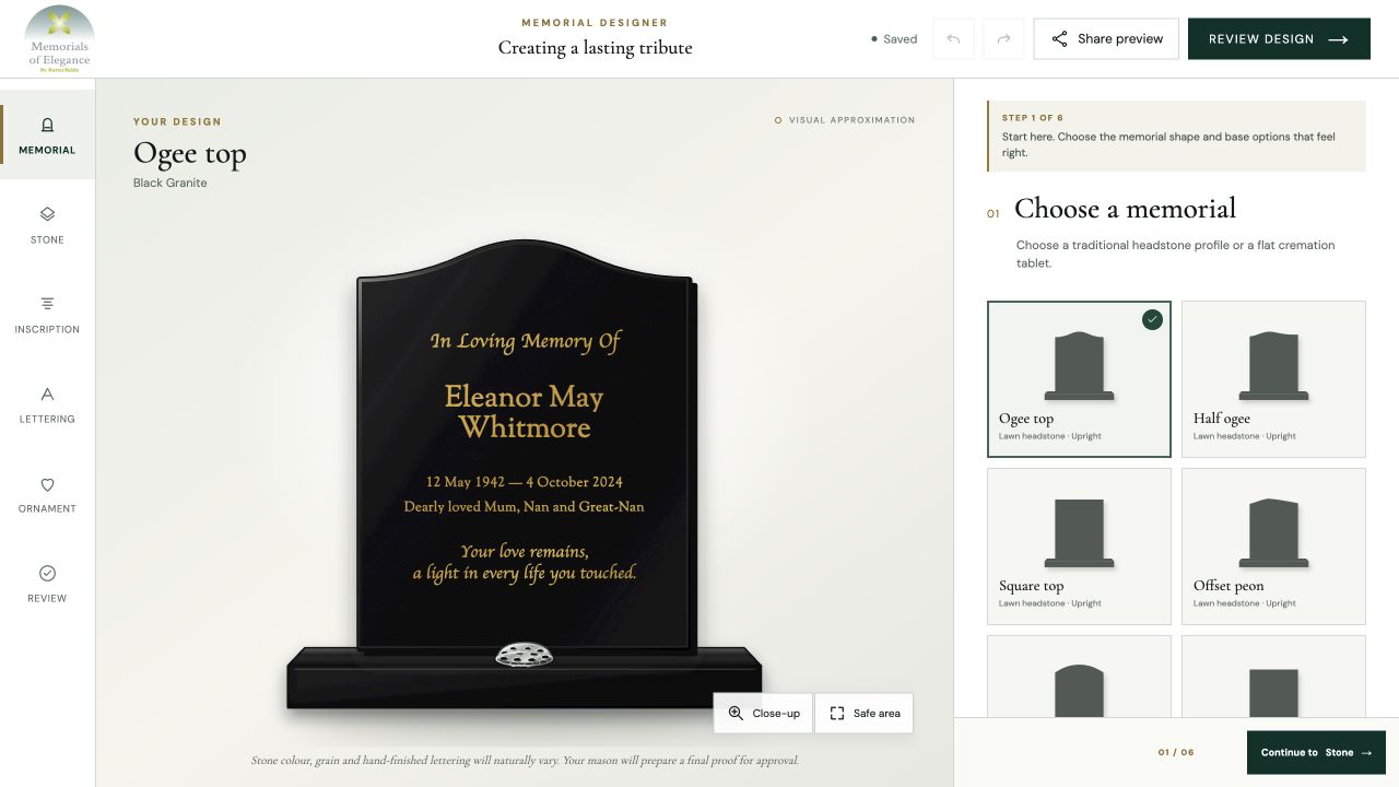 Interactive Memorials of Elegance memorial designer