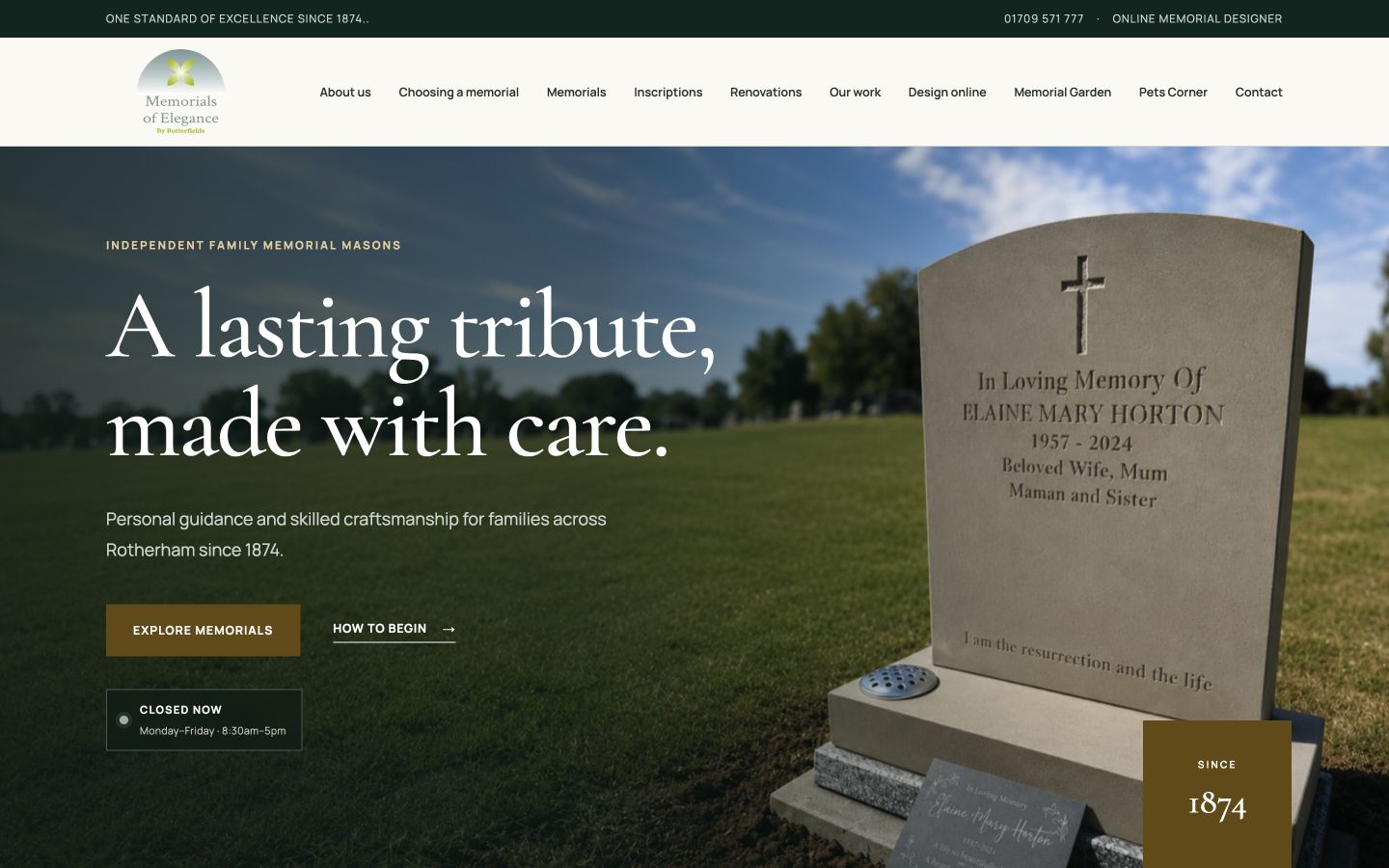 Memorials of Elegance live website homepage