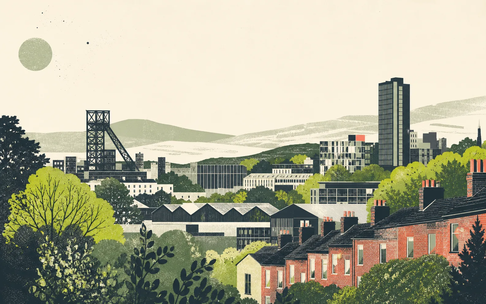 Editorial illustration of a Sheffield-inspired cityscape across hills, terraces and industrial buildings
