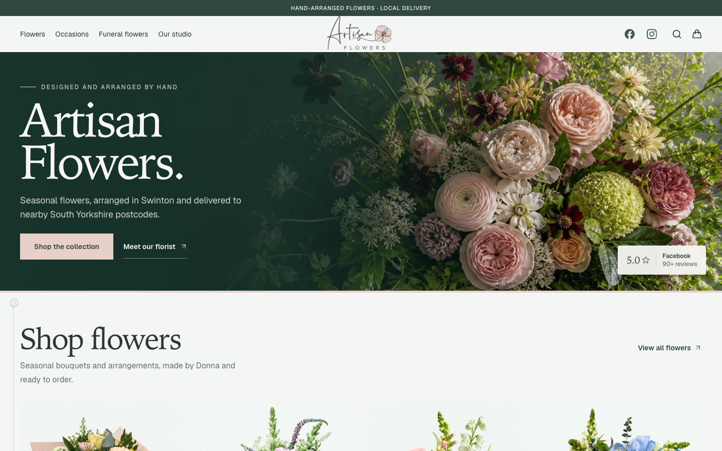 Desktop view of the Artisan Flowers website
