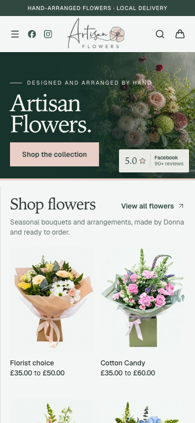Mobile view of the Artisan Flowers website