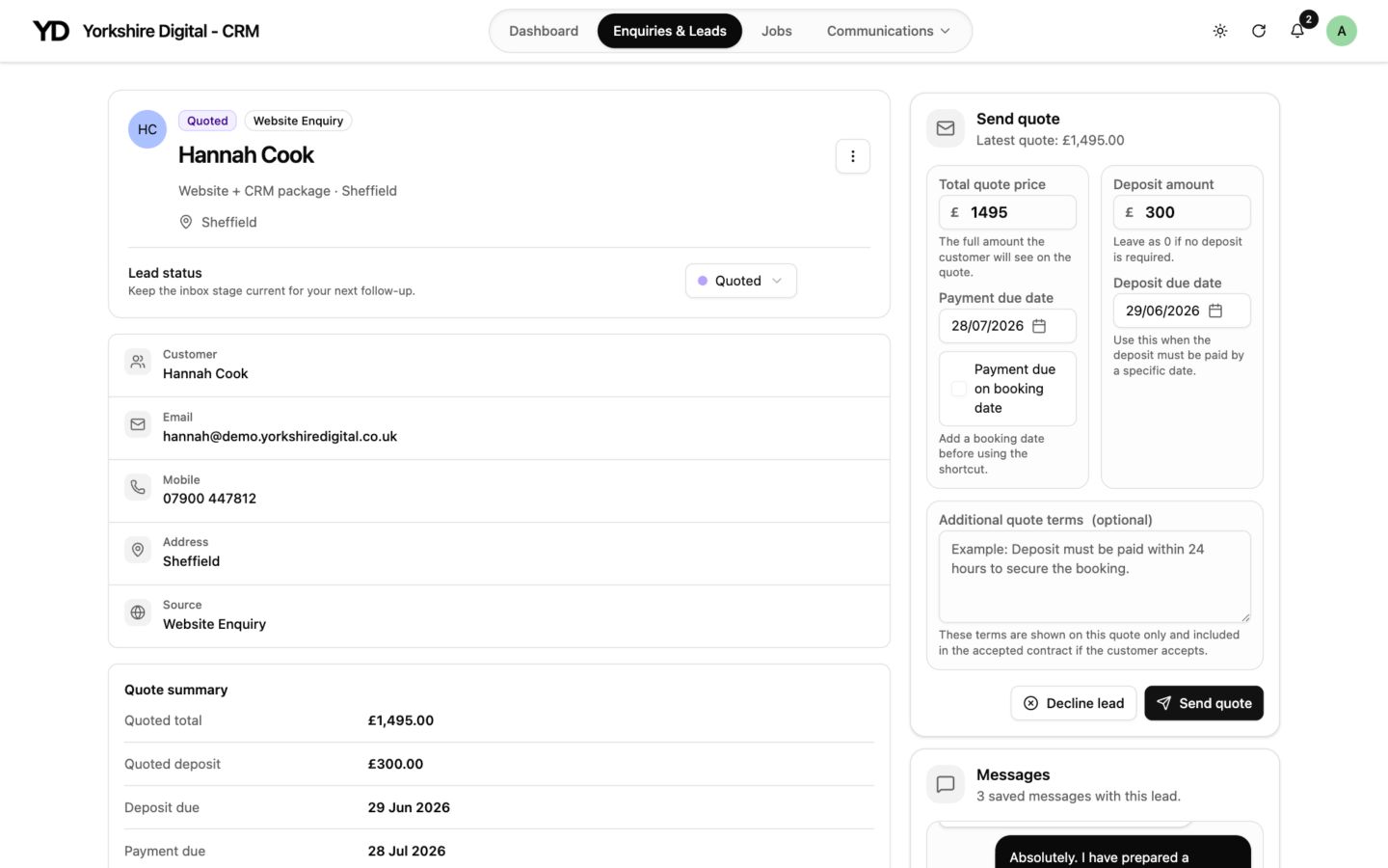 CRM desktop customer record with contact details, quote controls, payment dates and messages