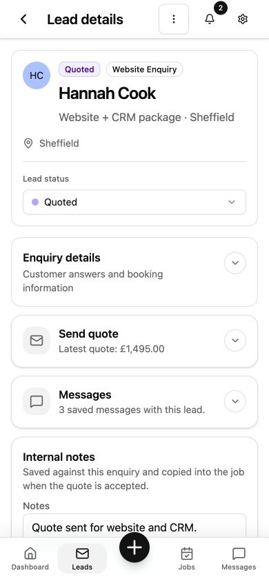 Mobile CRM lead details screen with enquiry details, quote, messages and internal notes