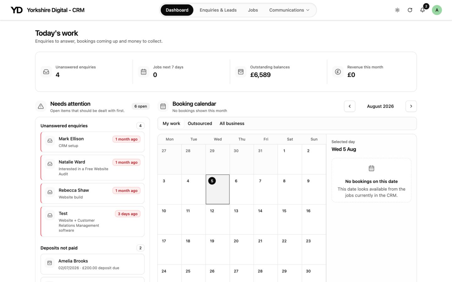 Yorkshire Digital CRM desktop dashboard showing enquiries requiring attention, balances and a booking calendar