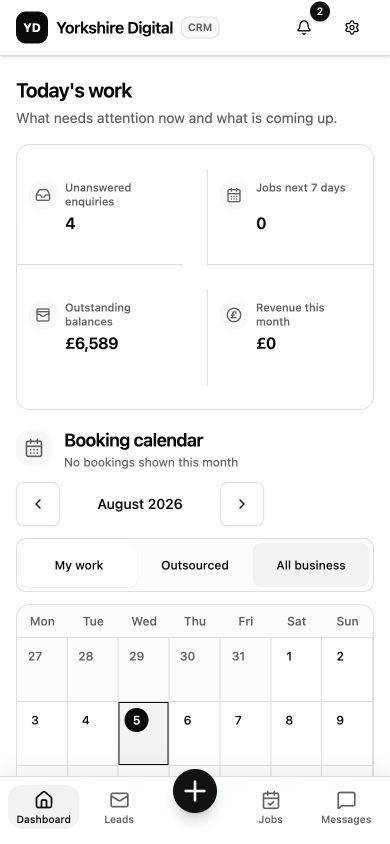 Mobile CRM dashboard showing today's work, key figures and booking calendar