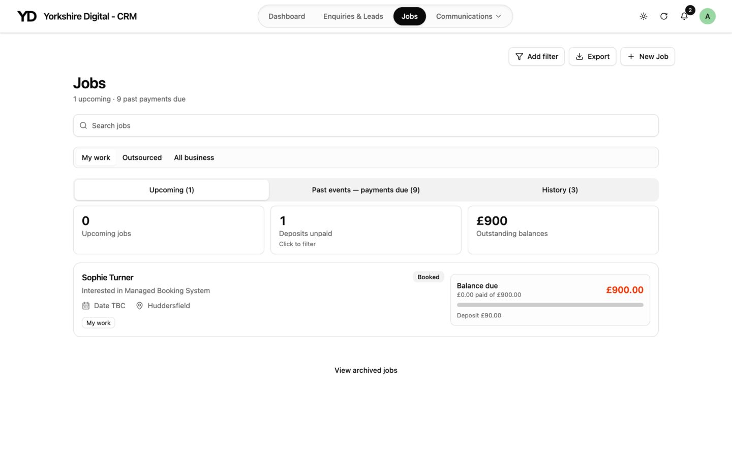 CRM desktop jobs screen showing upcoming work, deposits and an outstanding balance