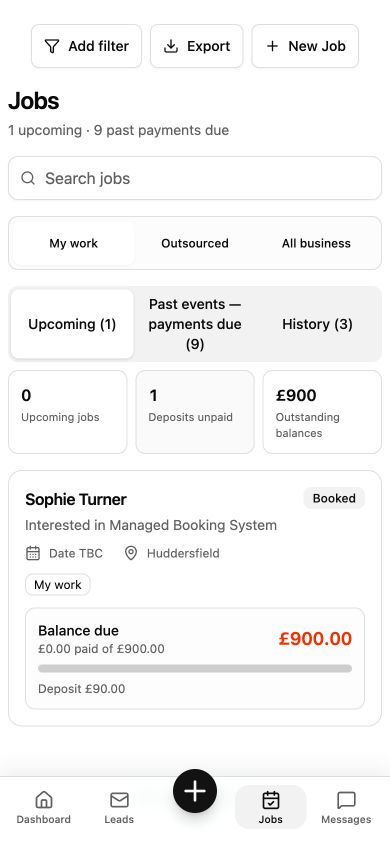 Mobile CRM jobs screen showing a booked job and outstanding balance