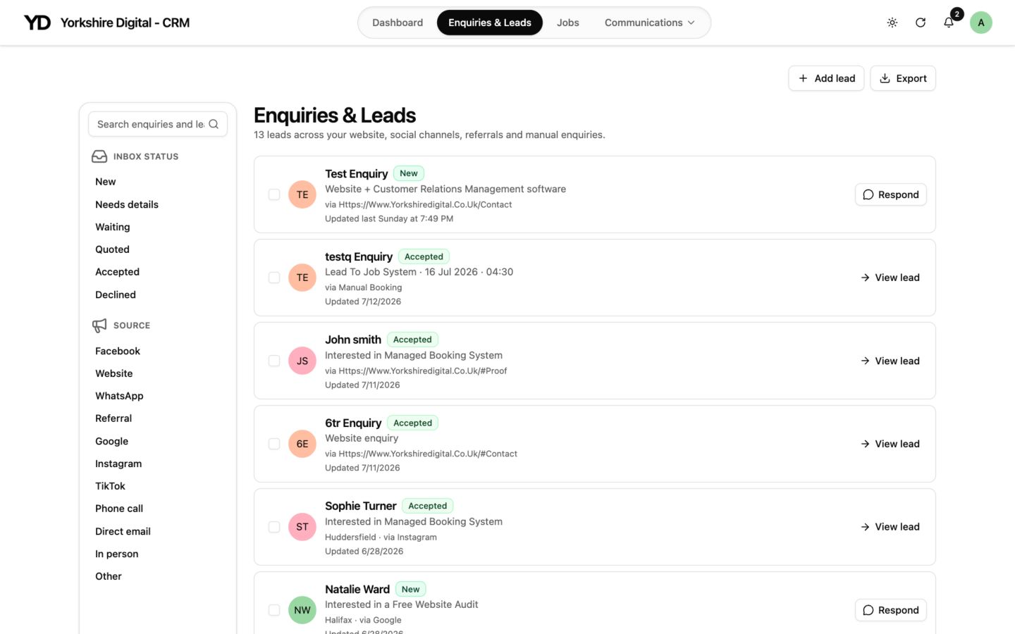 CRM desktop enquiries list with lead stages, sources and response actions