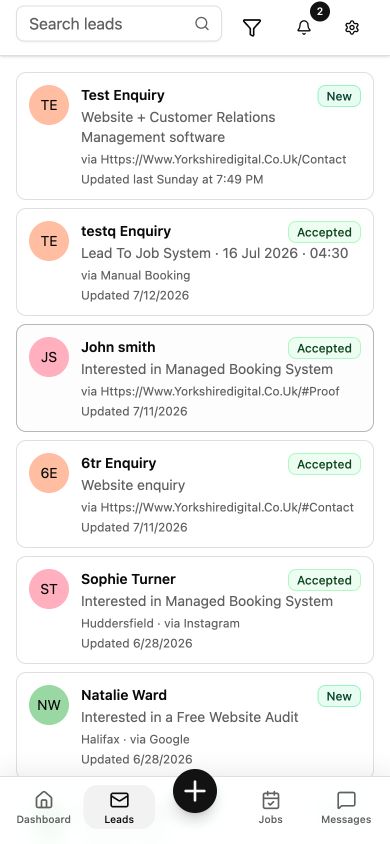 Mobile CRM leads list with search, status labels and bottom navigation