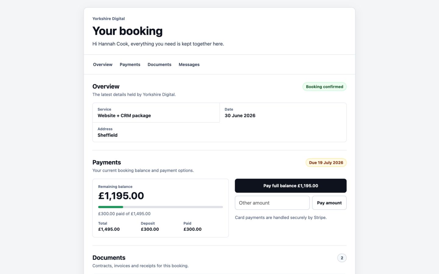 Desktop customer portal showing confirmed booking details, payment status, balance options and documents