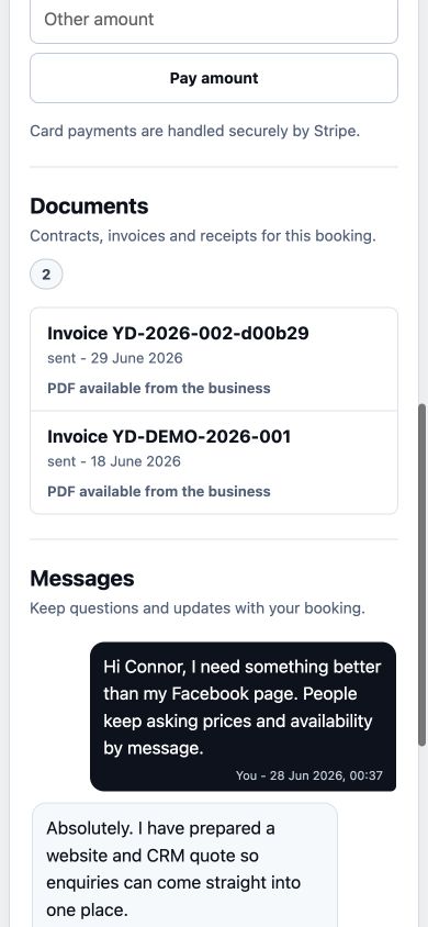 Mobile customer portal showing invoices, documents and a customer message thread